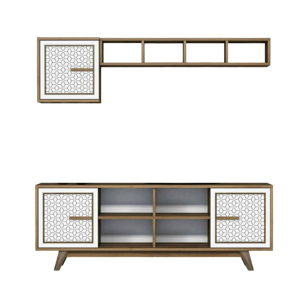 Mobile porta TV Guendalina, Credenza da soggiorno, Armadio basso per TV, Base parete attrezzata, 160x35h56 cm, Noce e Bianco