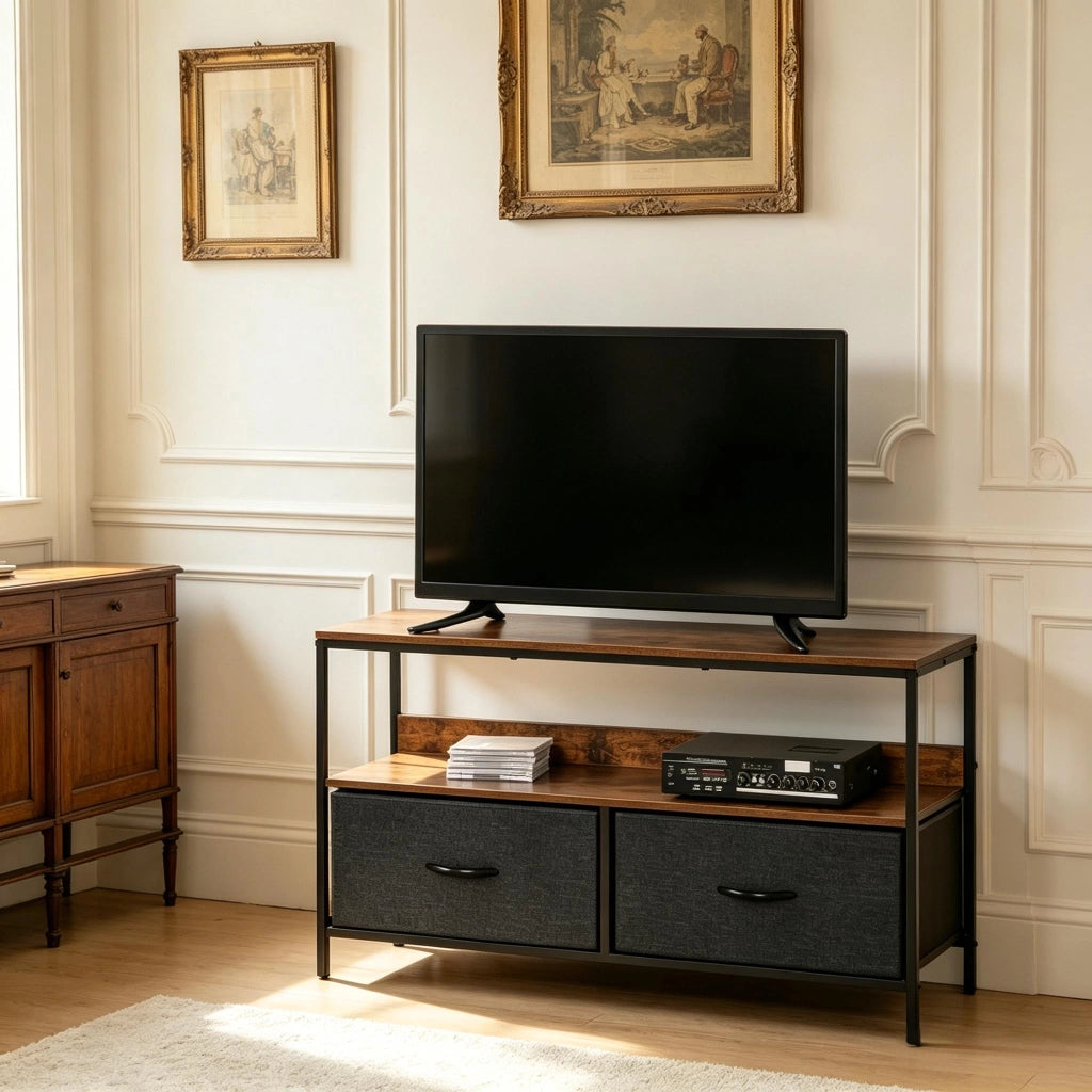 Mobile porta TV industriale con 2 cassetti pieghevoli e ripiano aperto per soggiorno e camera da letto 98 × 29 × 56 cm