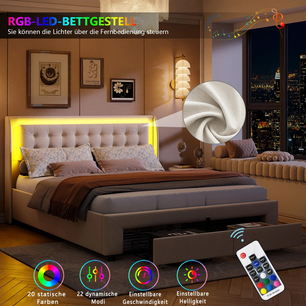 Letto imbottito beige con cassetto contenitore e luce LED; 200x140x42 cm