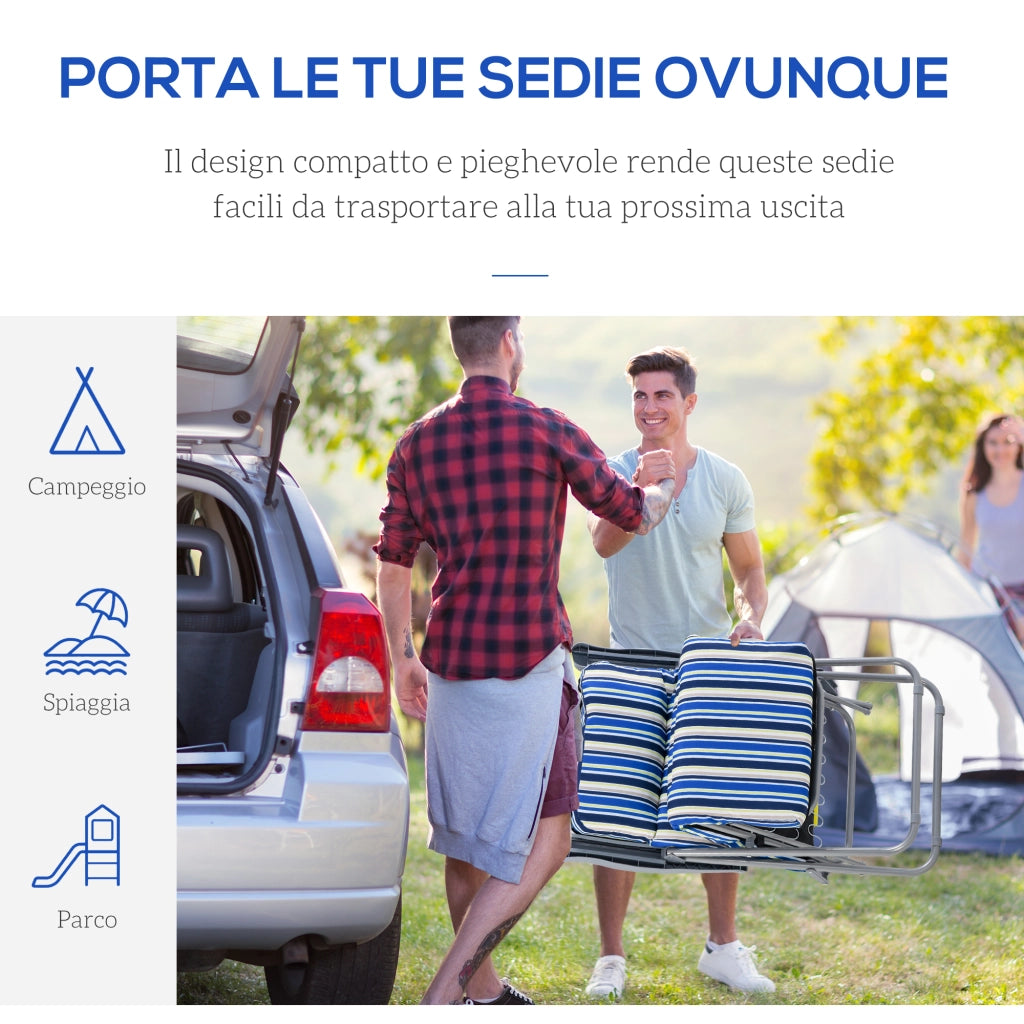 Set 2 Sdraio Pieghevoli 60x75x102 cm con Schienale Regolabile a 5 Livelli in Acciaio e Poliestere Blu e Crema