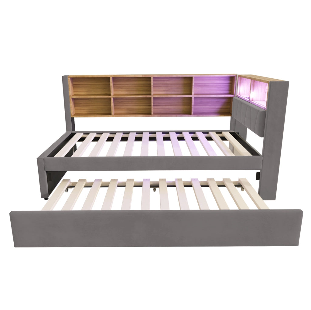Divano letto 90x200 cm con letto estraibile e luci LED; flanella; grigio scuro