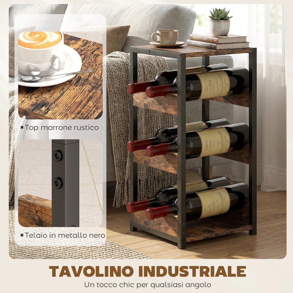 Portabottiglie 22x24x49,2 cm Scaffali Ondulati 6 Bottiglie Struttura in Metallo Marrone Rustico e Nero