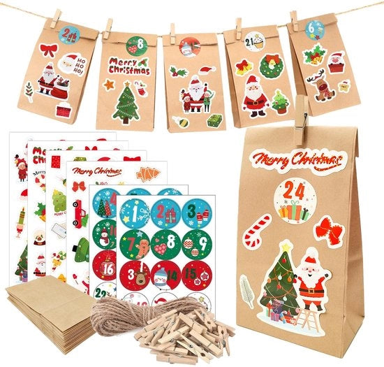 Adventskalender da assemblaggio 24 pezzi, sacchetti per dolci con etichetta, chiusura e corda per biscotti, 18 x 9 x 5,5 cm