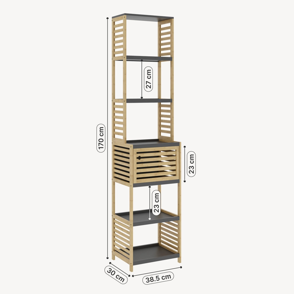 Scaffale da Bagno Kydesby in Bambù con 5 Ripiani Aperti e Scomparto ad Anta 170 x 39 x 30 cm - Naturale / Grigio [en.casa]