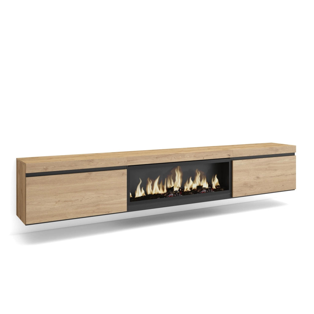 Mobile TV Soggiorno, 267x35x45cm, TV di grande formato, Camino elettrico XXL, da appendere, colore Rovere RF3608