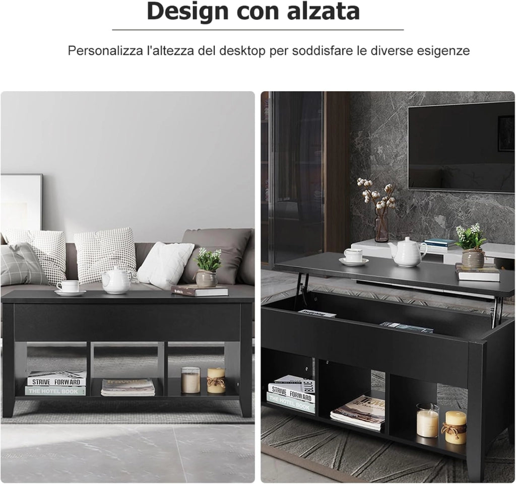 Tavolino da Salotto con Coperchio Sollevabile, Tavolino da Caffè Moderno Multifunzionale con Altezza Regolabile in Alto e Scompartimenti Nascosti e 3 Mensole Aperte in Basso (Nero)
