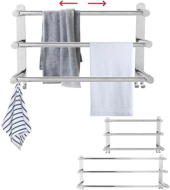 Sostegno per Asciugamani Riscaldabile Estensibile 3 Stabili, Ripiegabile 43-78cm, Sostegno per Asciugamani a Parete in Acciaio Inossidabile con Ganci per Bagno, Cucina