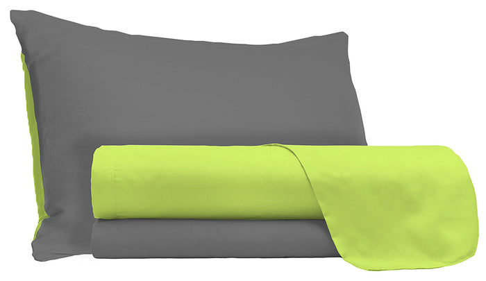 Set Lenzuola Matrimoniale Sopra Sotto e Federein Cotone Verde Acido/Fumo