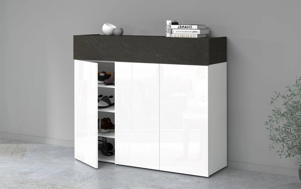 Scarpiera 3 Ante e 1 Ripiano a Ribalta 114x35x100 cm Savona 3A 1R Bianco Opaco/Grigio Ardesia