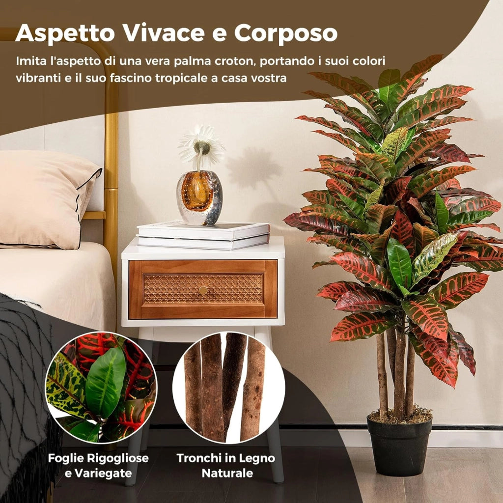 Pianta Artificiale di Croton 100 CM, Albero di Croton Finto con Foglie Variopinte, Tronco Naturale in Legno, Pianta Finta Realistica per Ufficio e Casa