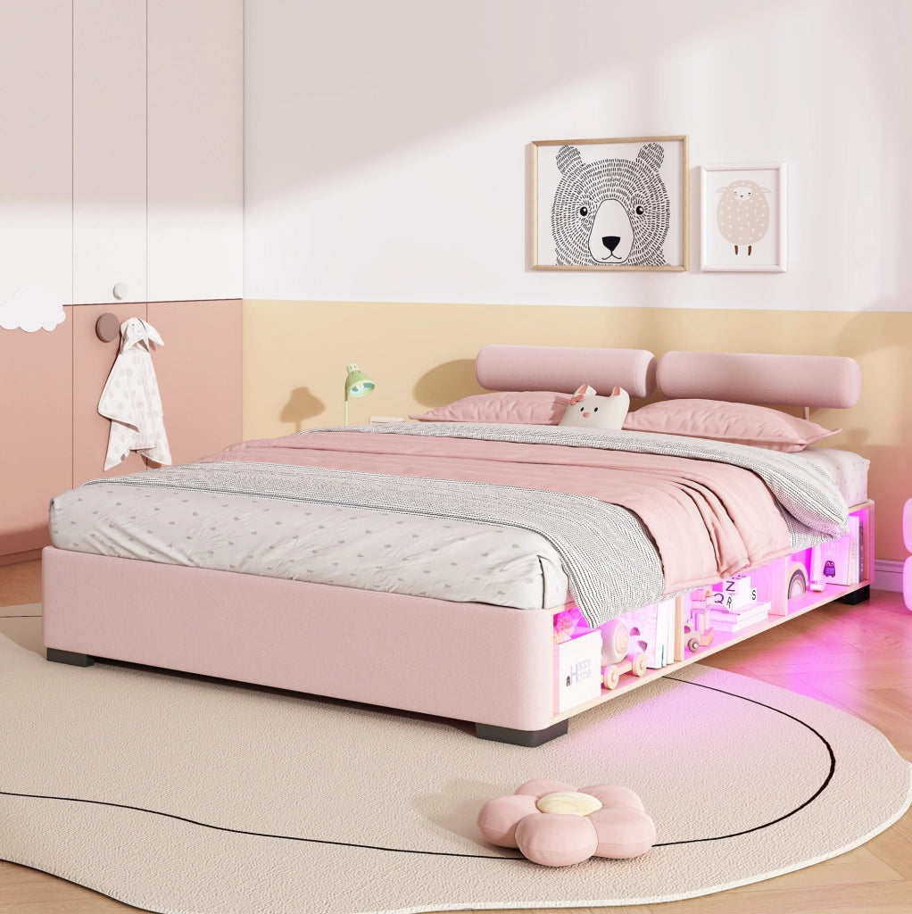 Letto imbottito 140x200 cm con vani laterali e LED in velluto rosa