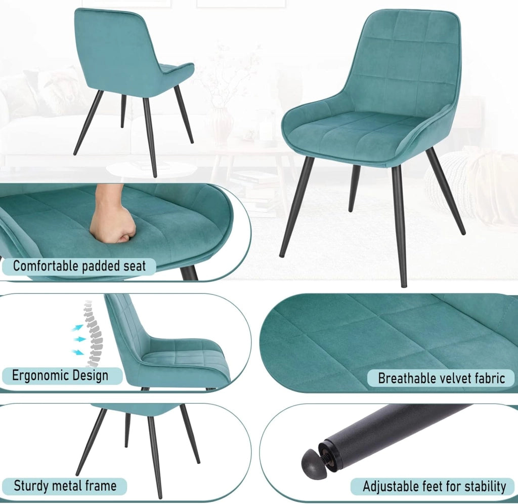 Set di 4 Sedie da Pranzo con Schienale Curvo, Sedie Ergonomiche in Velluto e Metallo, Poltroncina imbottita per Salotto, Ufficio, Camera da Letto, Turchese BH331ts-4