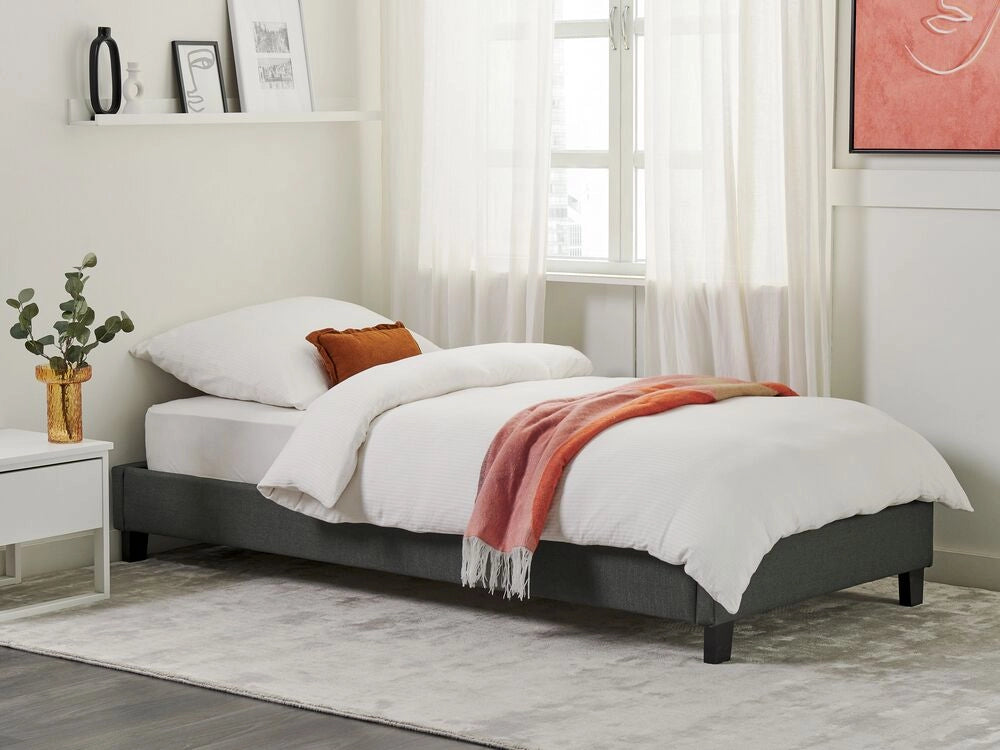 Letto singolo 90 x 200 in tessuto grigio con rete a doghe senza testiera