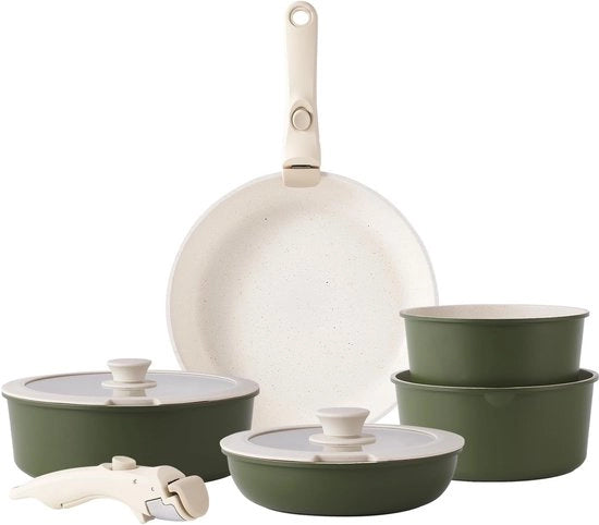 Set di pentole a stoviglie con manici smontabili, rivestimento antiaderente, imballaggio a stack e coperchi in silicone, set di accessori da cucina compatti.