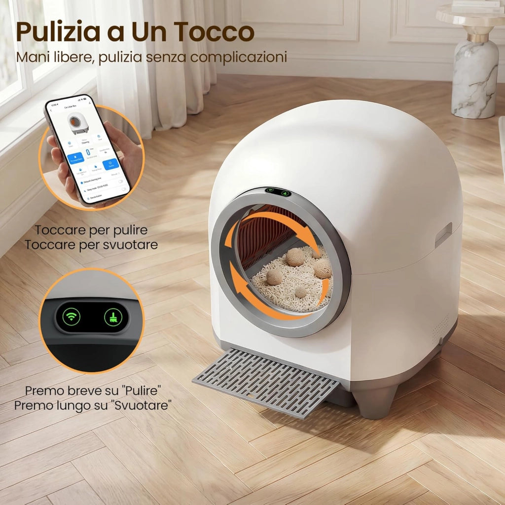 Lettiera Gatto Autopulente con APP, Lettiera Autopulente per Gatti da 90 L con Cassetto Feci da 8,5 L per Oltre una Settimana, Sistema Profumato e Sensore Radar, Adatta a Famiglie con Più Gatti.