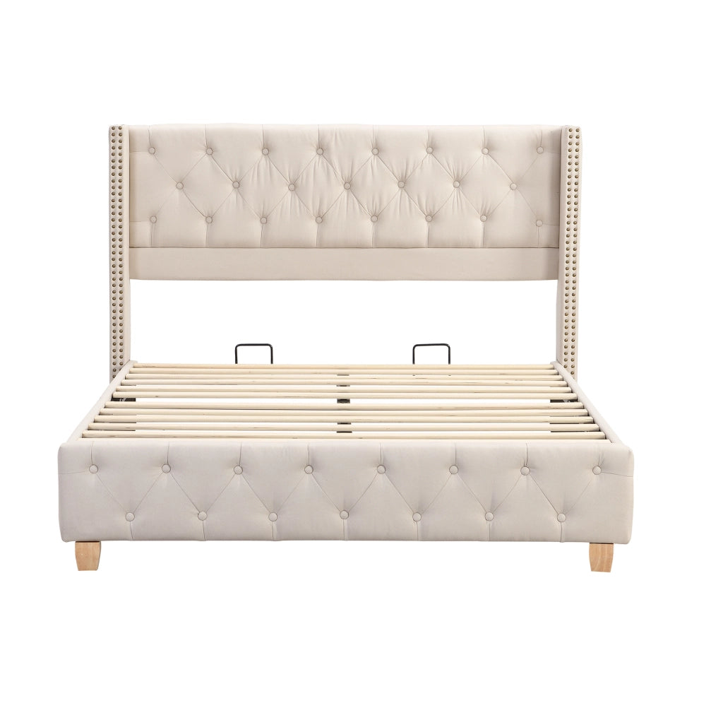 Letto imbottito 140x190 cm in lino beige con rete a doghe e testiera