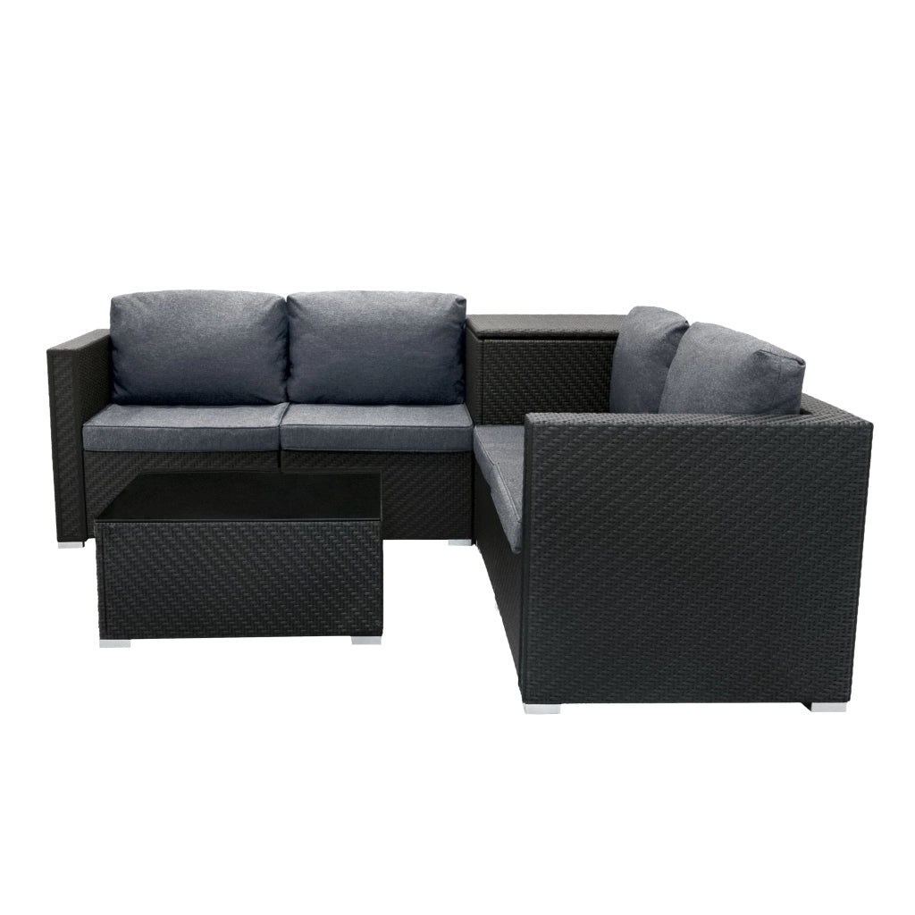 Set Rattan Nero 6 Pezzi con Tavolino e 2 Bauli Contenitori (250L + 996L)