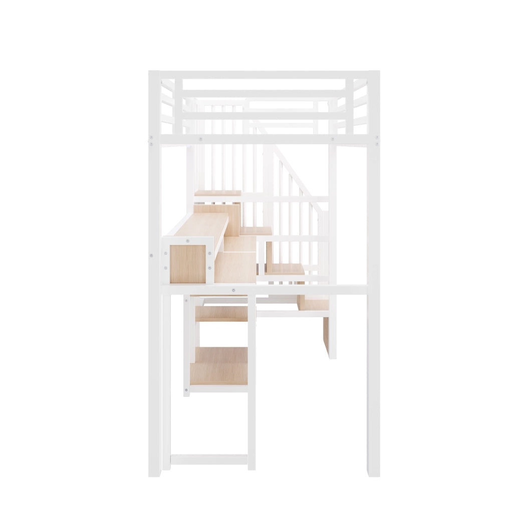 Letto a soppalco singolo 90×200 cm con scala a ripiani; USB; Type-C e LED; senza materasso; metallo e MDF; bianco
