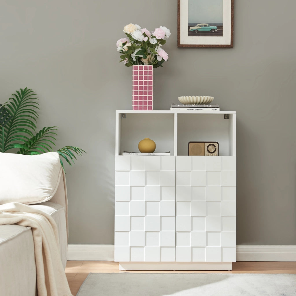 Armadio Comò Alto Bopibobro a 2 Ante Credenza con 2 Ripiani Aperti e 4 Vani Chiusi 86 x 64 x 36 cm - Bianco [en.casa]