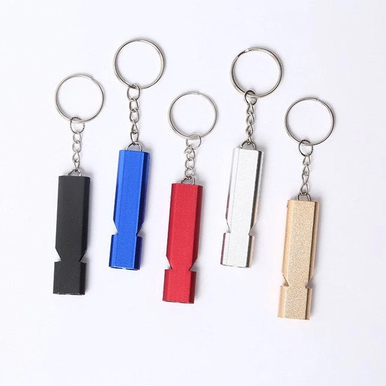 5 pezzi di flauto, flauto di sopravvivenza, flauto a doppia canna in metallo con catenina, flauto per arbitro, flauto di emergenza per salvataggio, viaggi, sport, addestramento cani - argento+oro+nero+rosso+blu