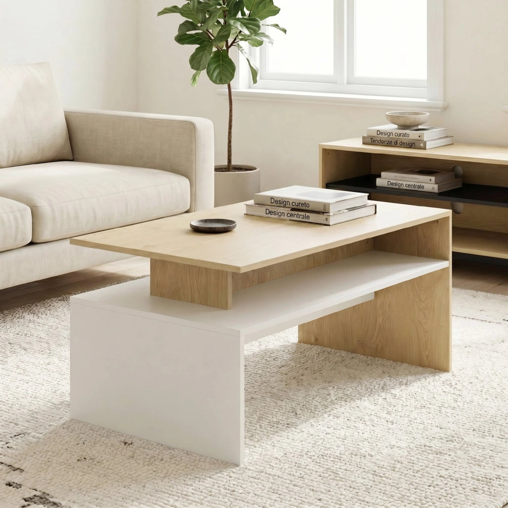 Tavolino da Salotto Bicolore ¨C Xylo ¨C Legno Naturale e Bianco con Mensola, 95x55x50 cm