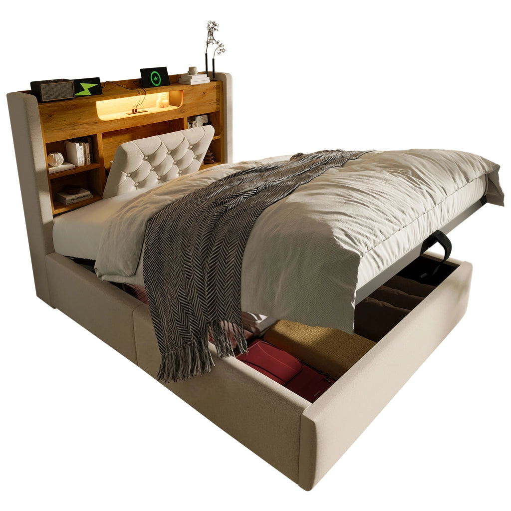 Letto imbottito 90x200 cm con contenitore idraulico, LED, USB/Type-C, testiera con ripiani, beige