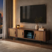 Mobile TV 200 cm con ante e illuminazione LED; MDF e pannello truciolare; marrone noce e nero
