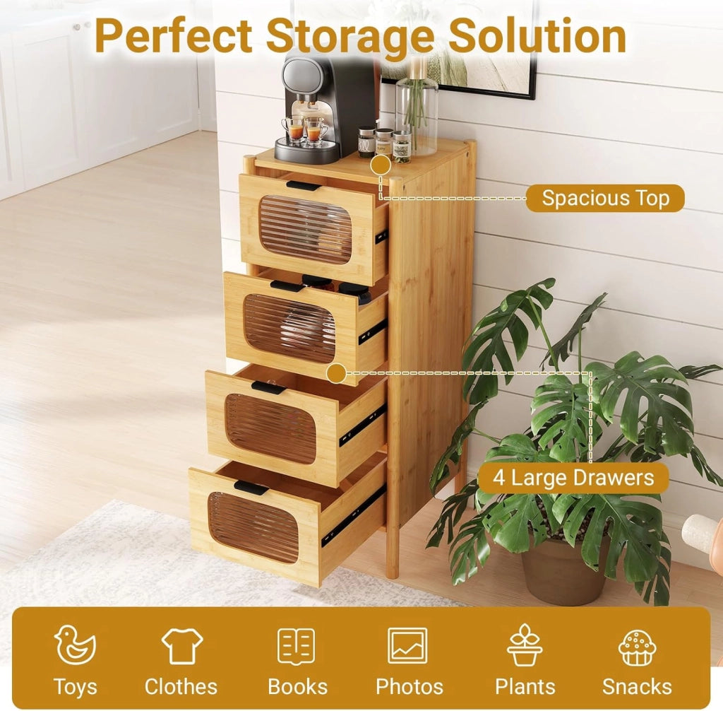 Cassettiera a 4 Cassetti 97 CM con Cassetti in Vetro Temperato Design Antiribaltamento Comodino a 4 Livelli Autoportante per Camera, Soggiorno, Ingresso, Naturale
