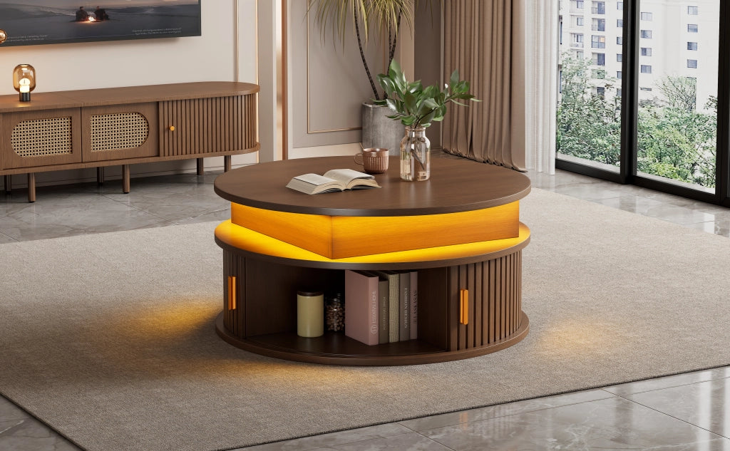 TAVOLO CENTRO rotondo 75 cm regolabile in altezza con LED, MDF color noce