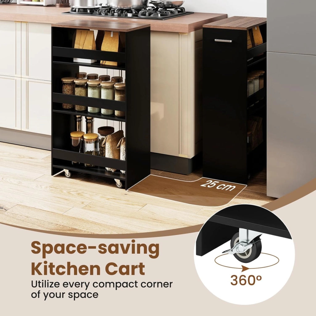 Carrello per Nicchia con Ruote, 4 Livelli，Carrello di Servizio Stretto Salvaspazio, da Bagno, Scaffale da Cucina Sottile 47,5 x 13 x 80,5 cm (Marrone+Nero, Largo 25cm)