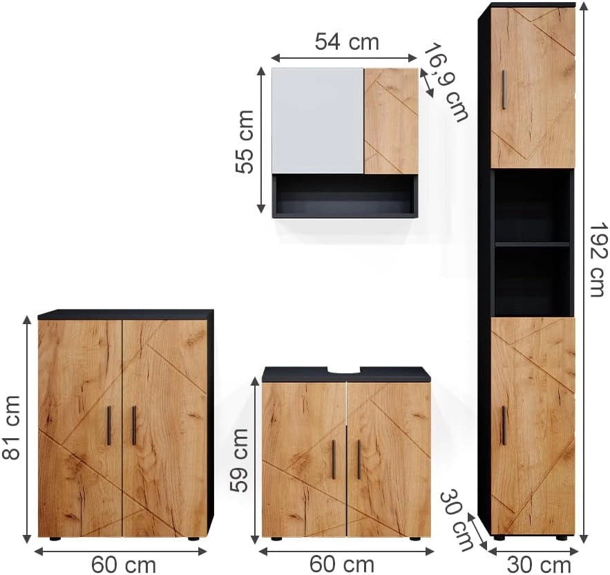 Set mobili bagno Irma, Quercia dorata/antracite, 80 cm, composto da mobile lavabo, pensile a specchio, colonna e base media