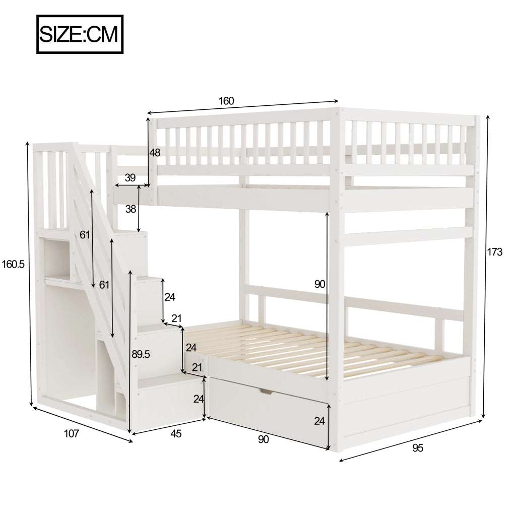 DESMIU Letto a castello 2 posti con scala contenitore e cassetto, 90 × 200 cm, senza materasso, bianco