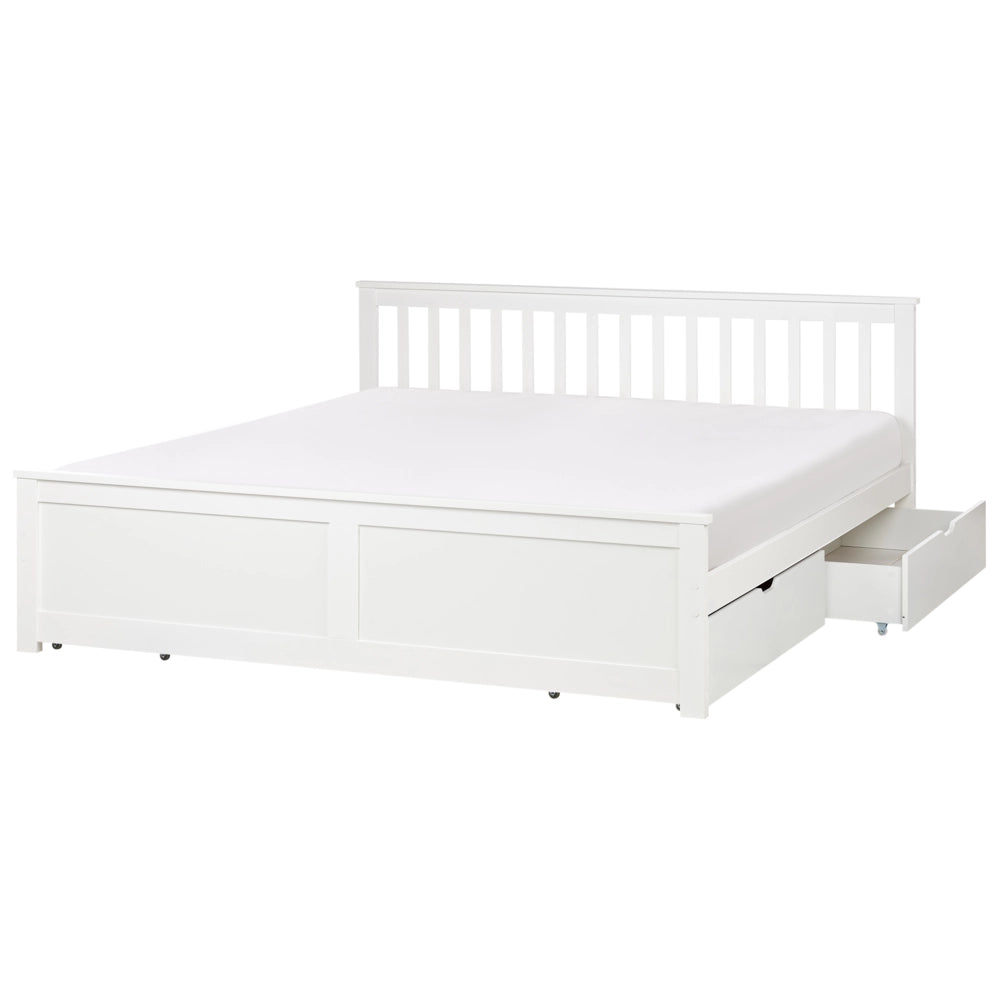 Letto matrimoniale Legno di Pino bianco con Rete a Doghe con 4 cassetti 180 x 200 cm Testiera a doghe minimalista