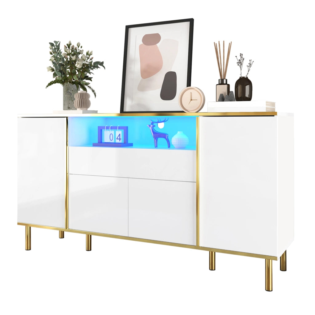 Sideboard bianco lucido con 1 cassetto, 150x40x80 cm
