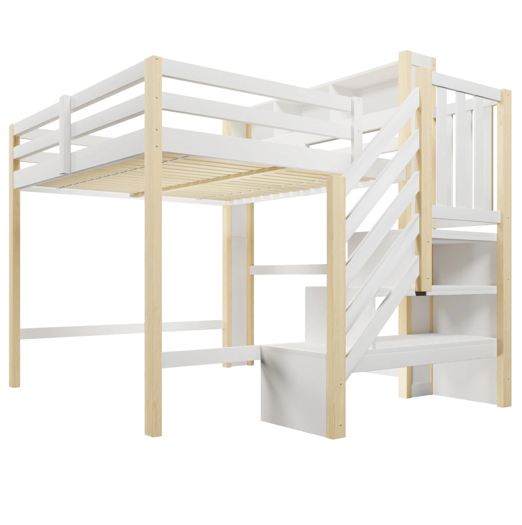 Letto a soppalco ULEVR 140x200 cm con LED, scala contenitore e vano aperto, bianco e naturale