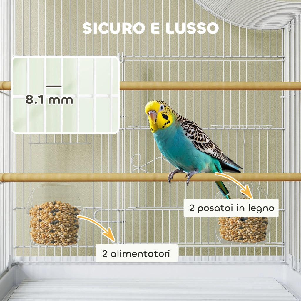 Gabbia per Uccelli a 4 Porte con 2 Ciotole, 2 Posatoi e Vassoio, in Metallo e Plastica, 47.5x36x54.5 cm, Bianco