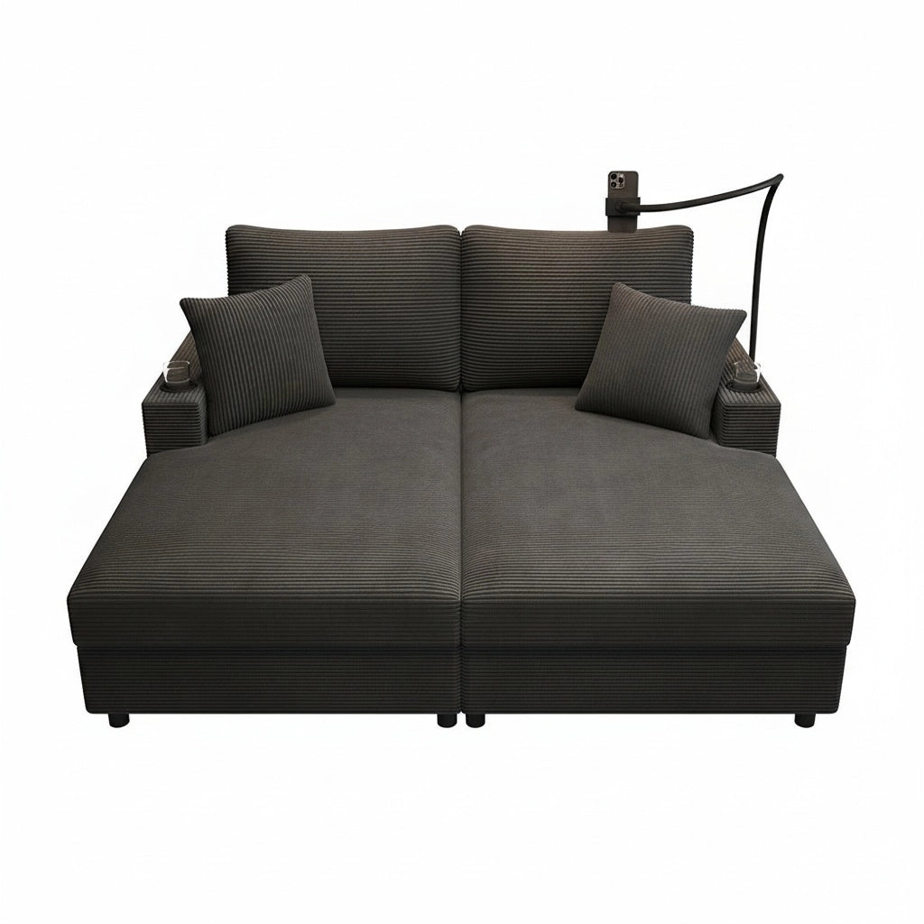 Divano letto XXL - Xylo - Doppio, USB, porta bicchieri, grigio, imbottito