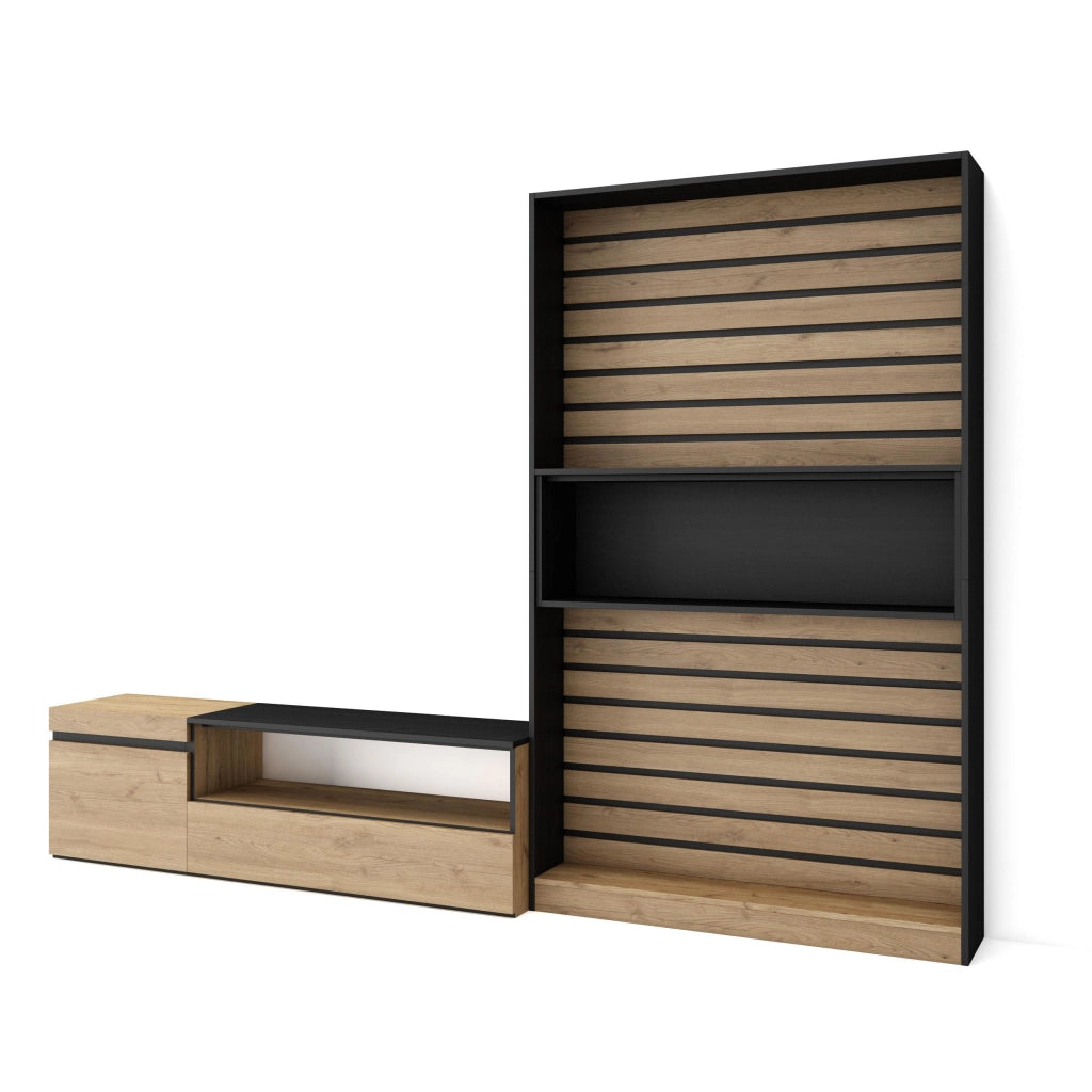 Mobile TV, Soggiorno, 260x35x186cm, Per TV fino a 65", Set di mobili, colore Rovere e nero RF2538
