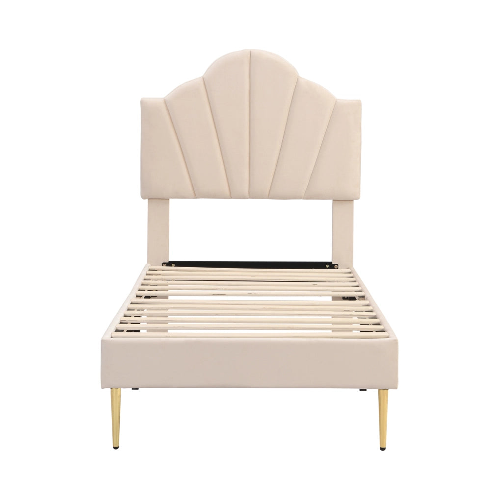 Letto imbottito 90x200 cm con testiera regolabile e rete a doghe in velluto beige