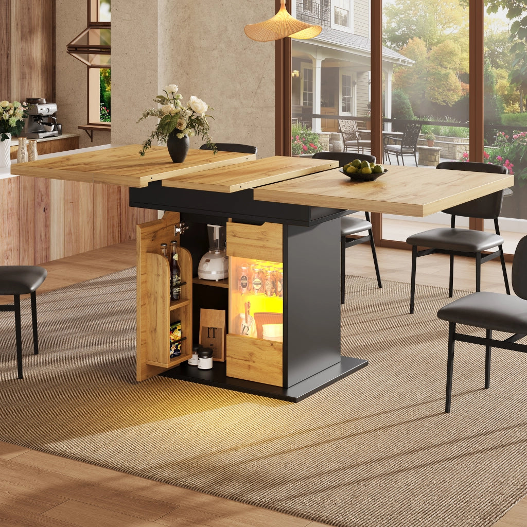 Tavolo da Pranzo per 4-6 Persone con Allunga; LED; Vano Contenitore e Ante in Vetro; MDF; 110-140x80x76 cm