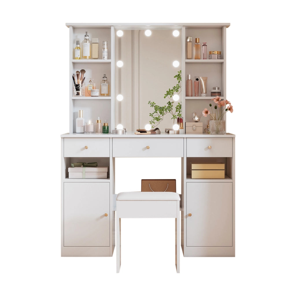 Tavolo da trucco con specchio e LED regolabili, 3 cassetti, 2 ante e 4 ripiani aperti, bianco, 110 x 40 x 151 cm