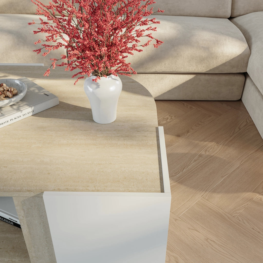 Tavolino Centrale da Salotto Klipsari con Piano Curvo 75 x 75 x 40 cm - Bianco / Color Avorio Travertino [en.casa]
