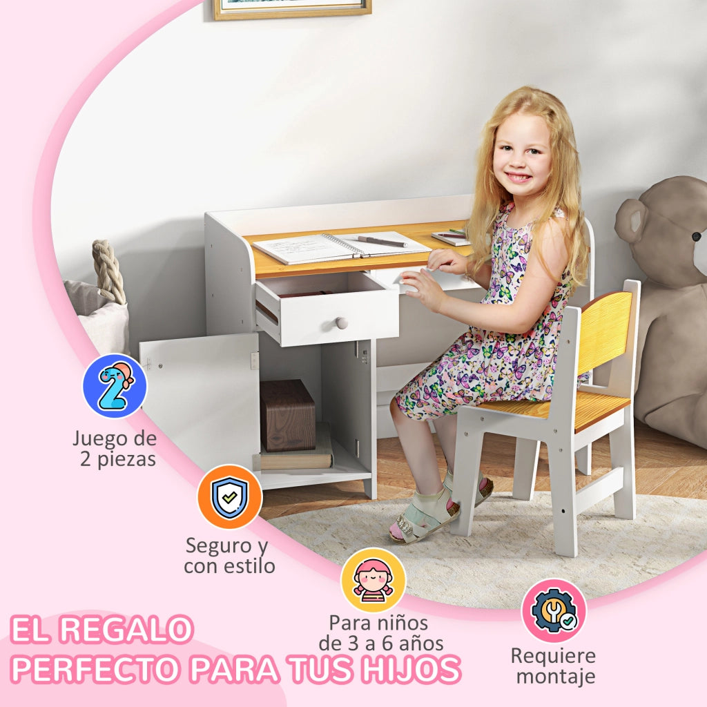 Scrivania Bambini con Sedia e Cassetto ¨C zephmum ¨C Bianco e Naturale 90x50x75 cm