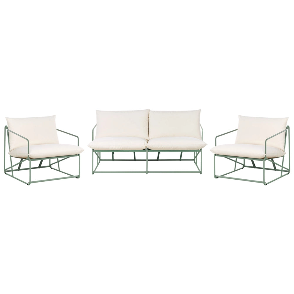Set composto da divano basso oversize e 2 sedie in metallo con cuscini per schienale e seduta da interno ed esterno verde stile moderno e rustico