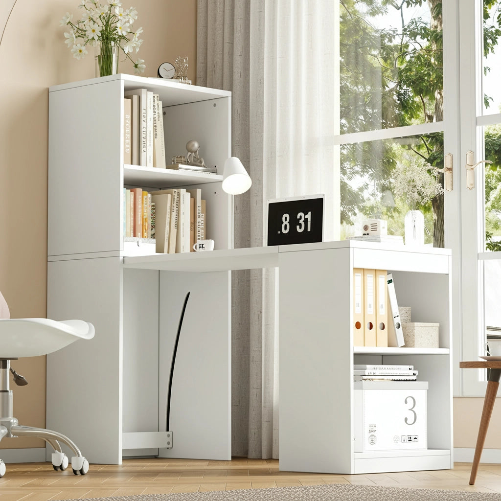 Scrivania Pieghevole con Armadio Integrato ¨C MINIMAL ¨C Bianco, 4 Ripiani, 130x51x137