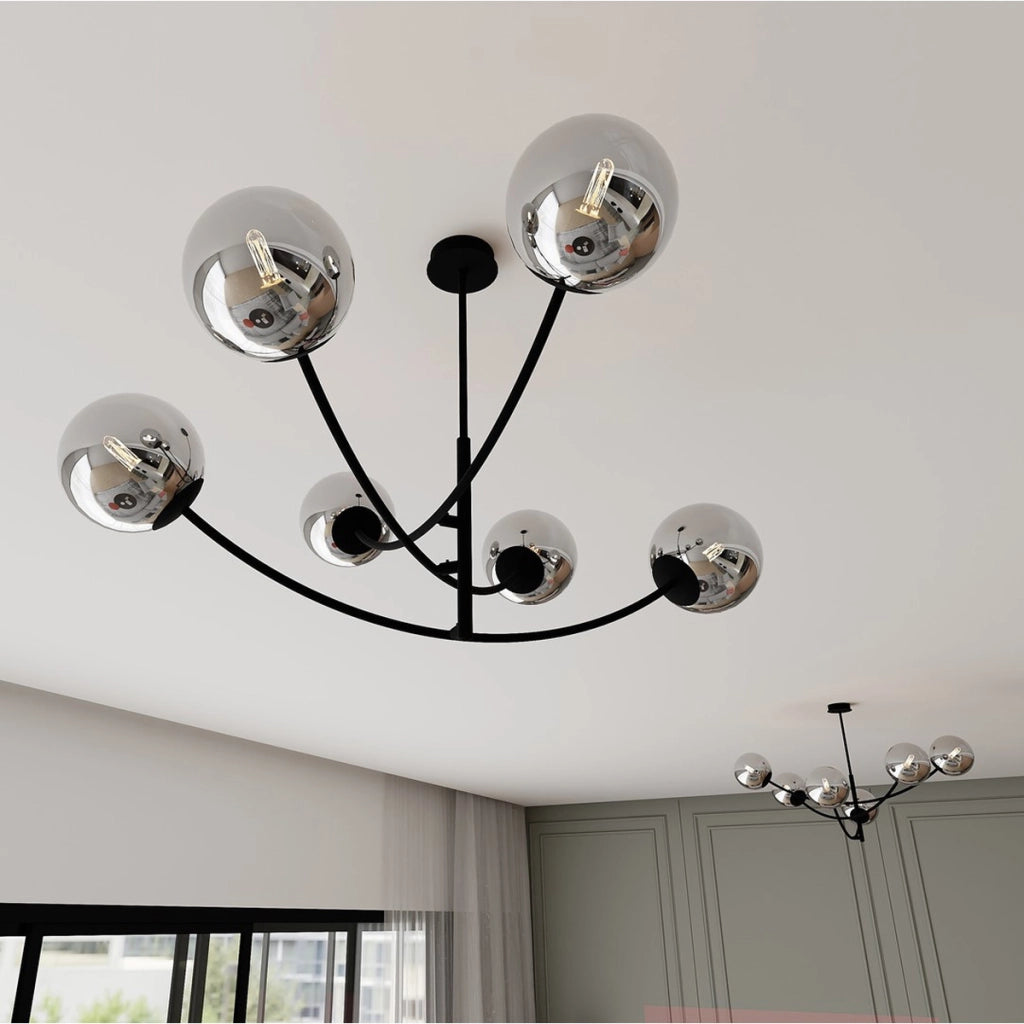 Lampada a sospensione Hunter con struttura in acciaio nero e diffusori in vetro