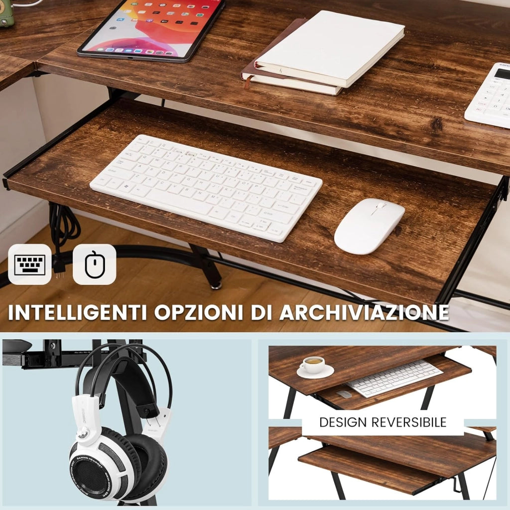Scrivania Angolare, Scrivania ad Angolo con Presa Elettrica, Supporto per Monitor, Vassoio per Tastiera e Gancio per Cuffie, Scrivania Salvaspazio per Ufficio e Casa (Marrone)