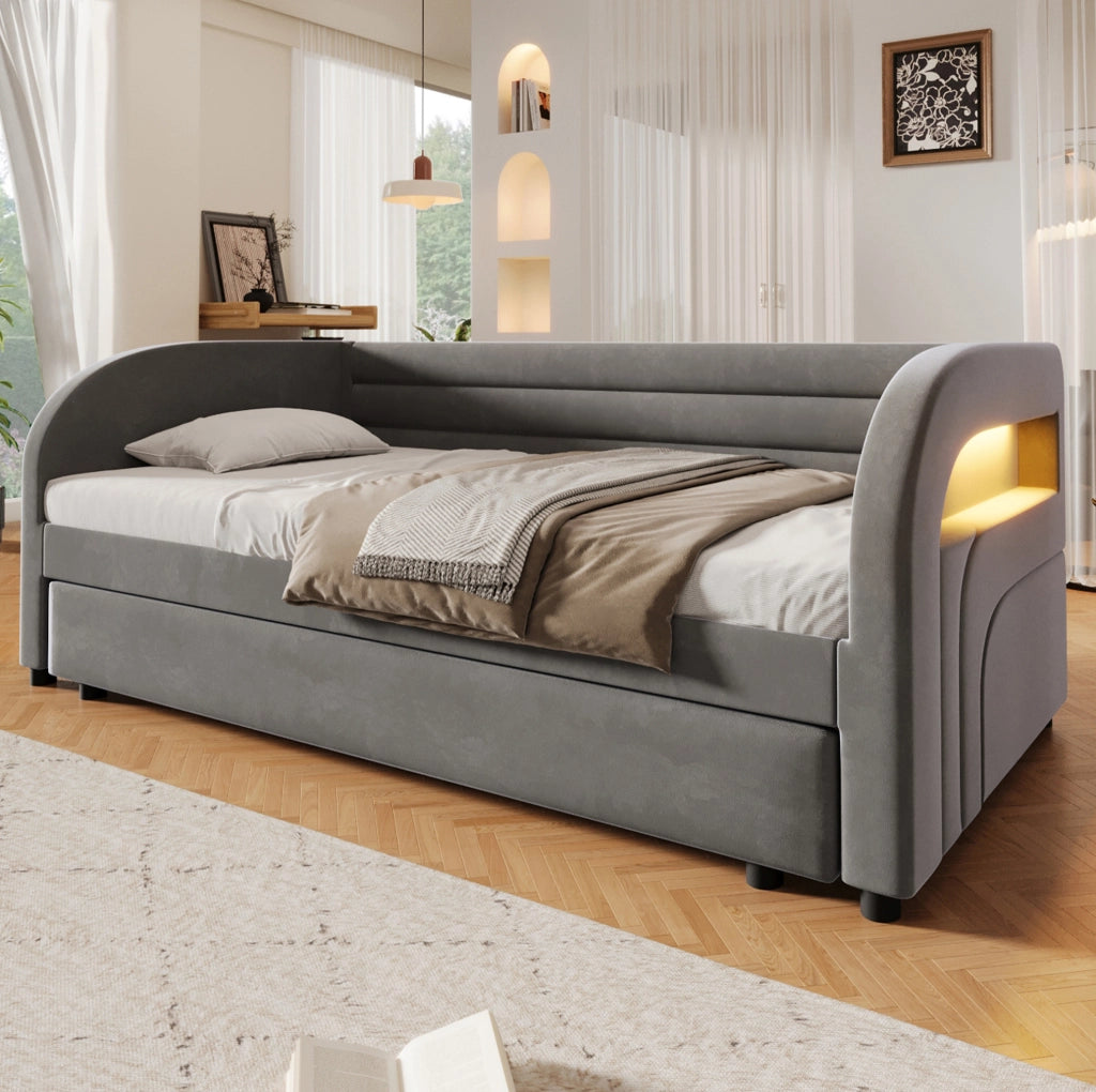Letto piattaforma imbottito 90x200 cm con letto estraibile e illuminazione LED grigio