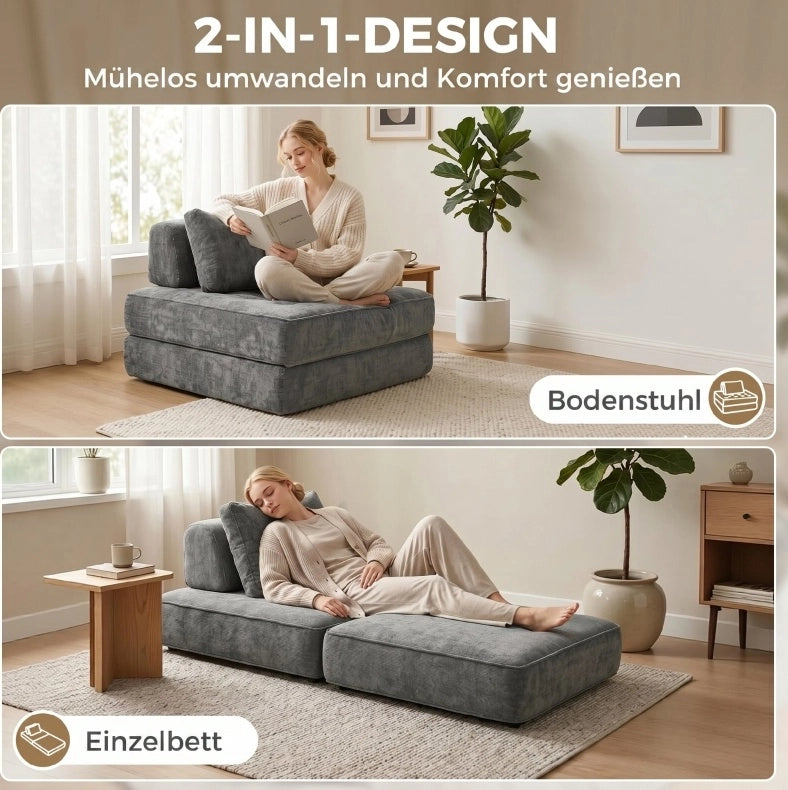 Poltrona a terra pieghevole 2-in-1 in chenille grigia con cuscino di supporto spesso