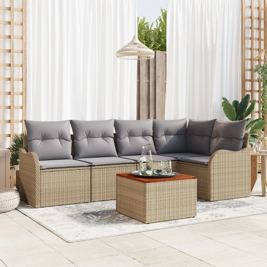 Set di Divano Giardino a 6 Pezzi con Cuscini Beige Polyrattan Acacia
